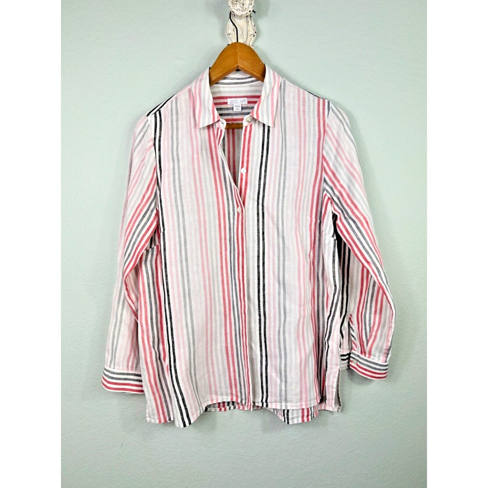 J Jill Love Linen Essential Shirt Button Up Long Sleeve Beachy Striped PS
